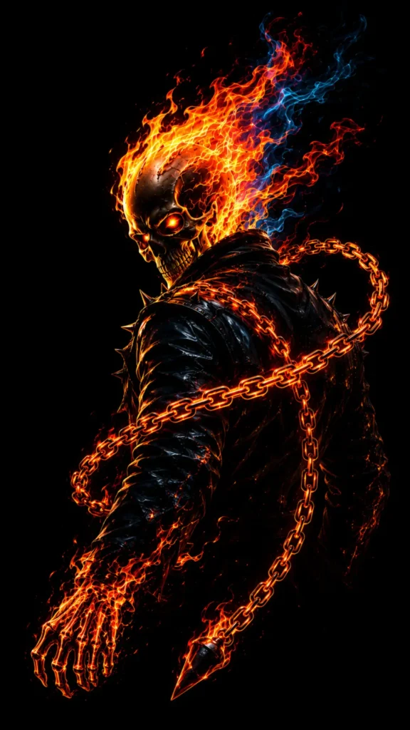 Flaming skeleton with glowing fire chains and black leather jacket on a pure black AMOLED 4K fantasy wallpaper background.