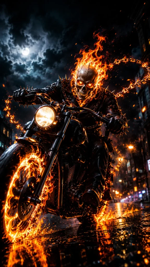 Flaming skeleton riding a blazing motorcycle with fiery chains through a dark city in an AMOLED 4K wallpaper background.