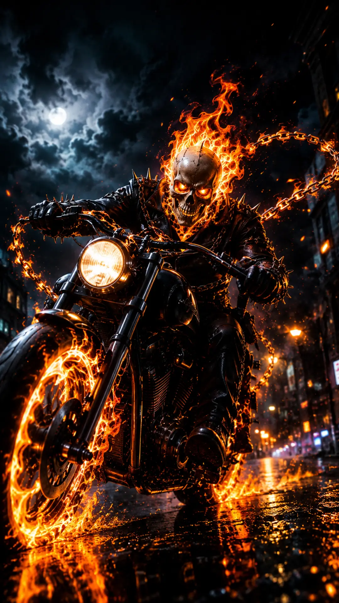 Flaming skeleton riding a blazing motorcycle with fiery chains through a dark city in an AMOLED 4K wallpaper background.