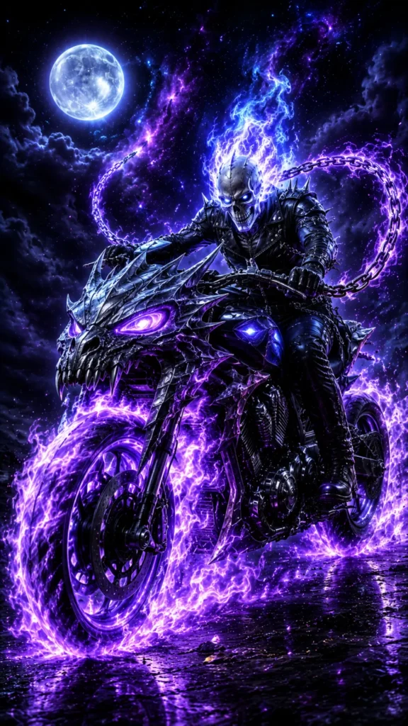 Ghost Rider-inspired flaming skeleton riding a purple hellfire dragon motorcycle beneath a full moon in an AMOLED 4K fantasy wallpaper background.