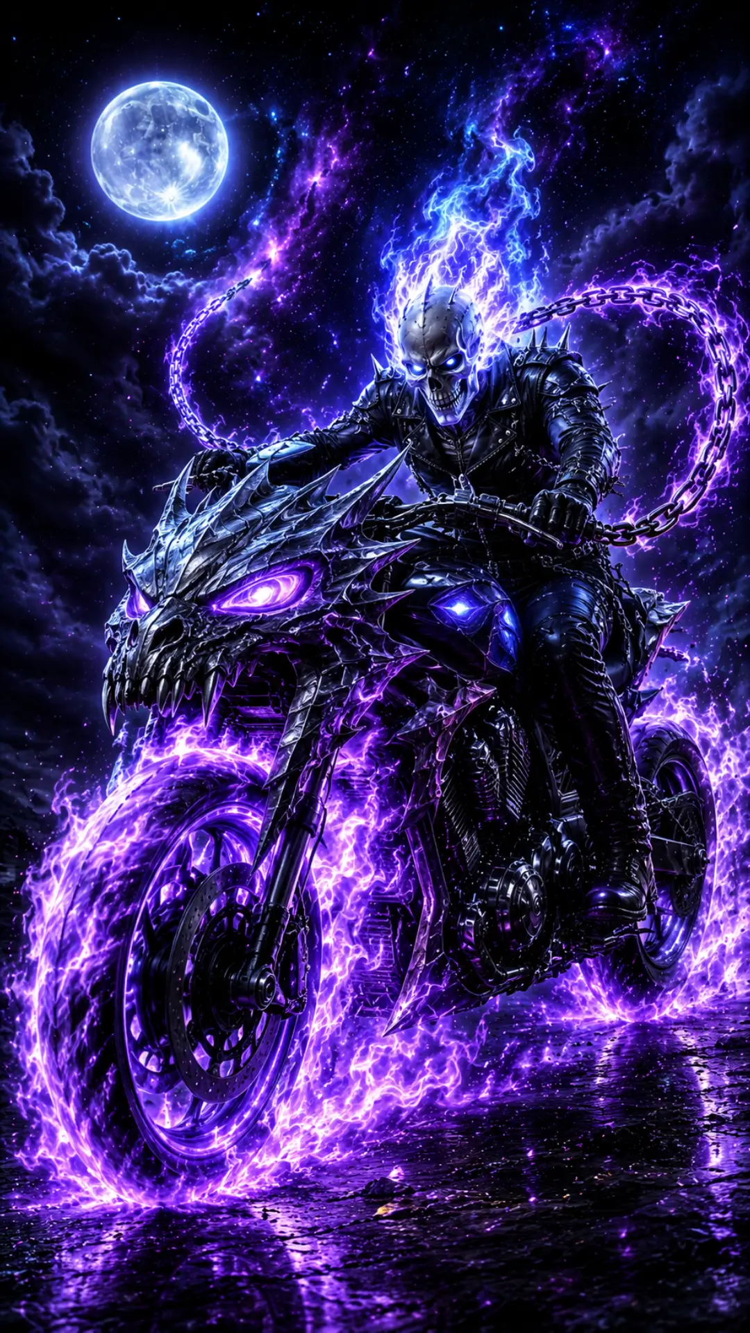Ghost Rider-inspired flaming skeleton riding a purple hellfire dragon motorcycle beneath a full moon in an AMOLED 4K fantasy wallpaper background.