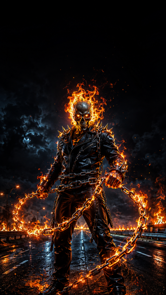 Flaming skeleton warrior with blazing chains standing on a dark highway in an AMOLED 4K fantasy wallpaper background.