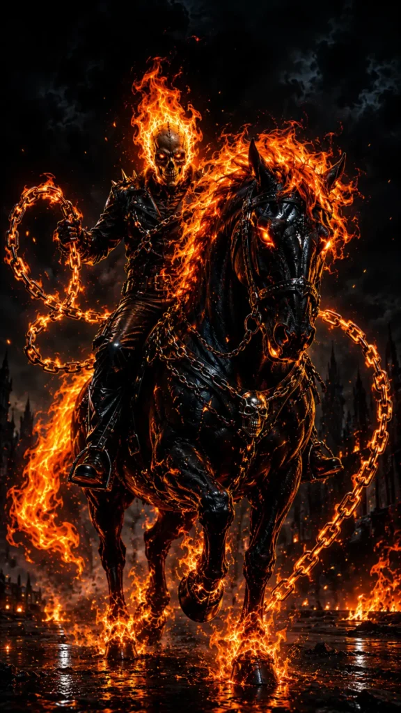 Flaming skeleton rider on a black hellfire horse with blazing chains in an AMOLED 4K fantasy wallpaper background.