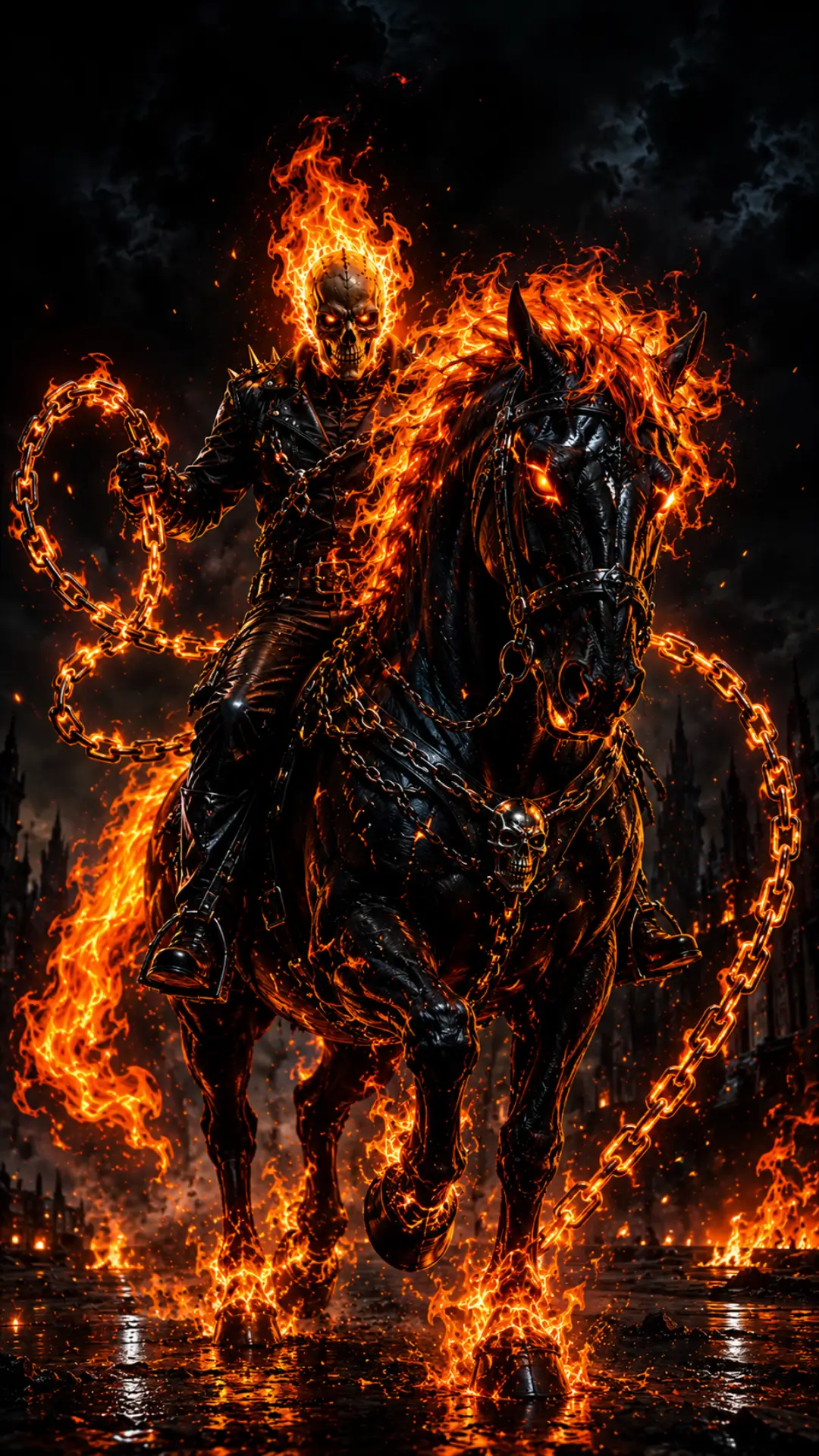 Flaming skeleton rider on a black hellfire horse with blazing chains in an AMOLED 4K fantasy wallpaper background.