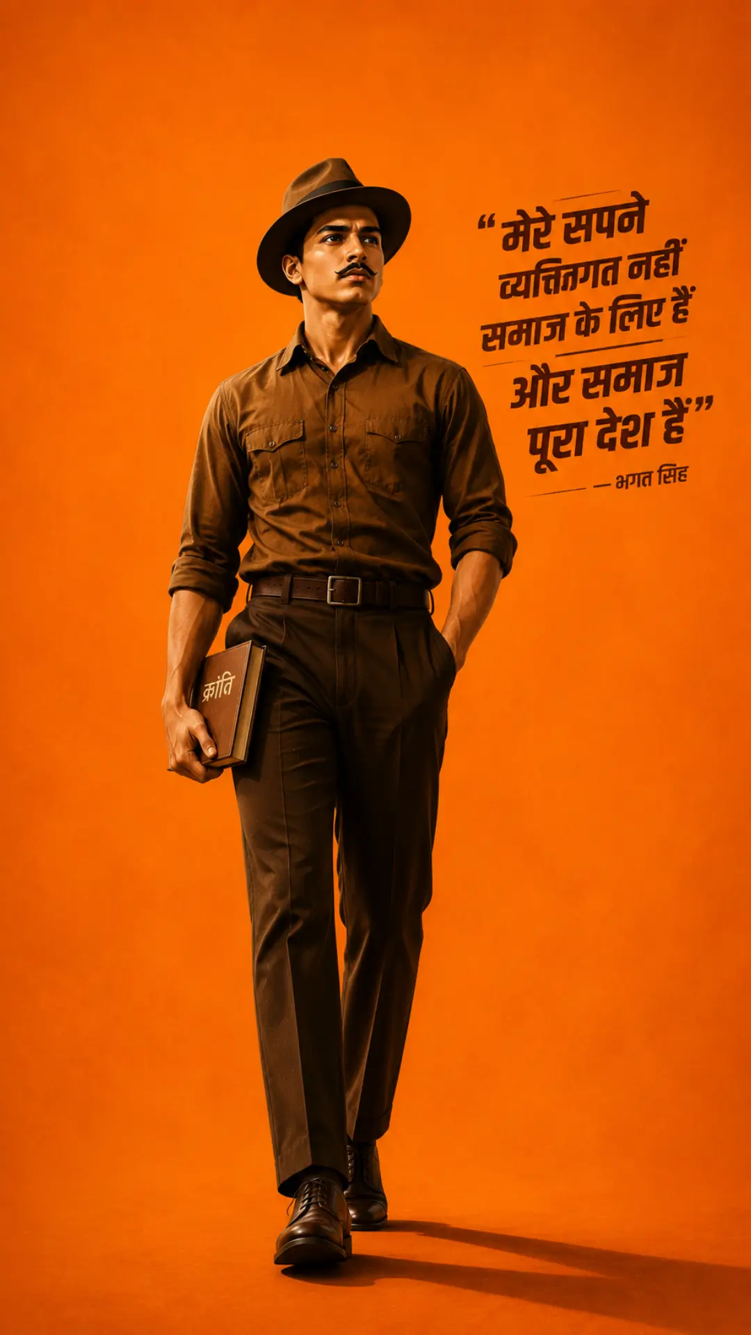 Bhagat Singh HD wallpaper featuring a full-body portrait with an inspirational Hindi quote on a saffron background.
