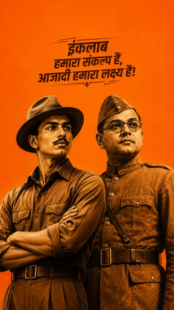 Bhagat Singh HD wallpaper with Netaji Subhas Chandra Bose and a patriotic Hindi quote on a saffron background.
