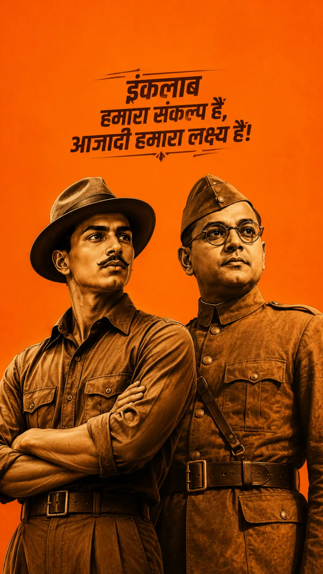 Bhagat Singh HD wallpaper with Netaji Subhas Chandra Bose and a patriotic Hindi quote on a saffron background.