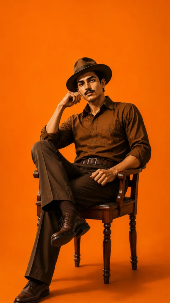 Bhagat Singh HD wallpaper featuring an artistic seated portrait with a saffron background for mobile and desktop.