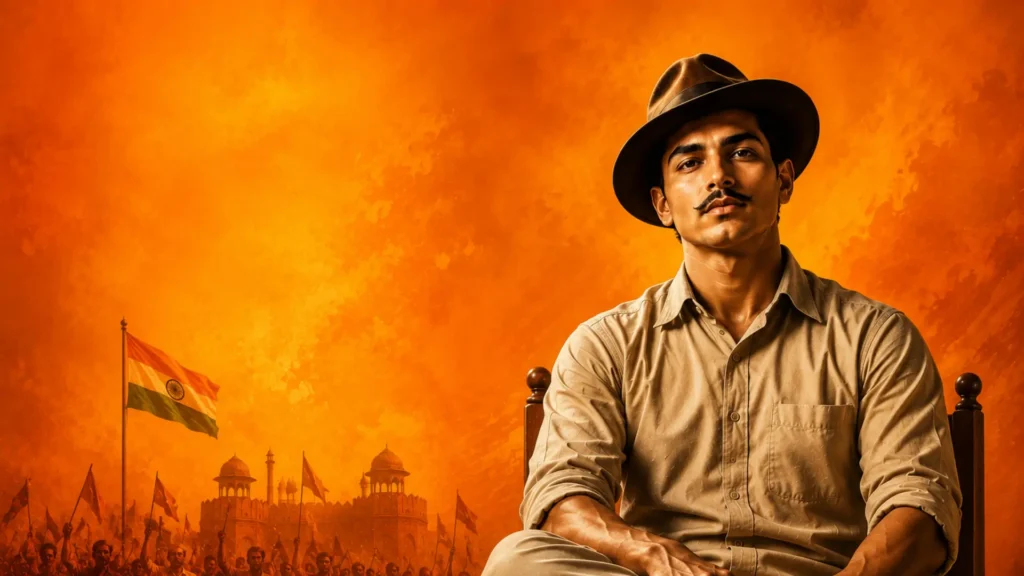 Bhagat Singh HD wallpaper with Indian tricolor, Ashoka Chakra, and freedom movement artwork in high resolution.