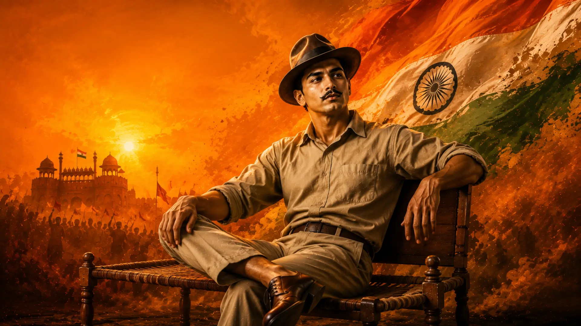 Bhagat Singh HD wallpaper with Indian flag, historic fort, and patriotic artwork in high resolution for all devices.