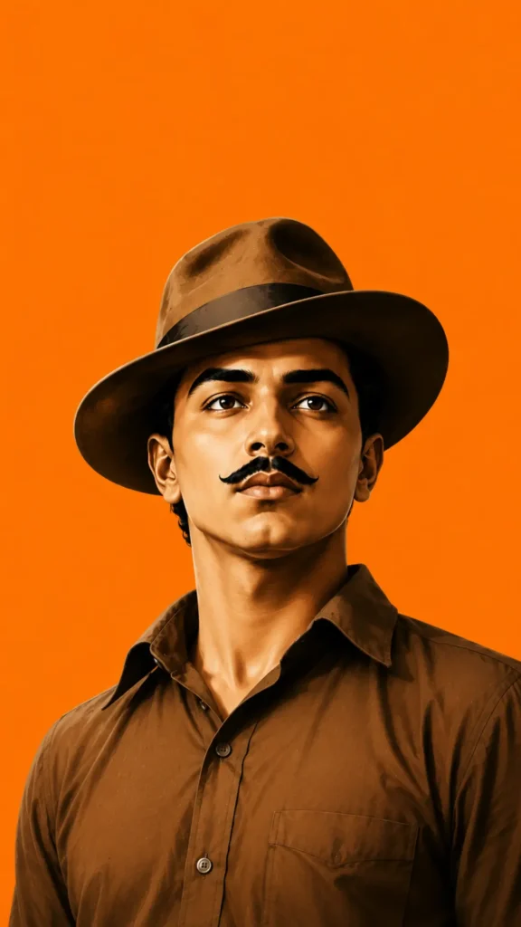 Download this stunning Bhagat Singh HD wallpaper featuring a bold artistic portrait with a vibrant saffron background. Perfect for mobile and desktop screens, this high-quality wallpaper is ideal for admirers of India's legendary freedom fighter. Explore more Bhagat Singh image, Bhagat Singh picture, Bhagat Singh HD images, Bhagat Singh photo HD, Bhagat Singh wallpaper, and Bhagat Singh original photo collections in premium resolution.