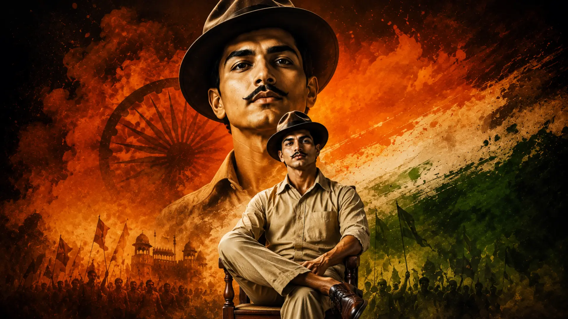 Bhagat Singh HD wallpaper with Indian tricolor, Ashoka Chakra, freedom movement crowd, and patriotic 4K artwork.