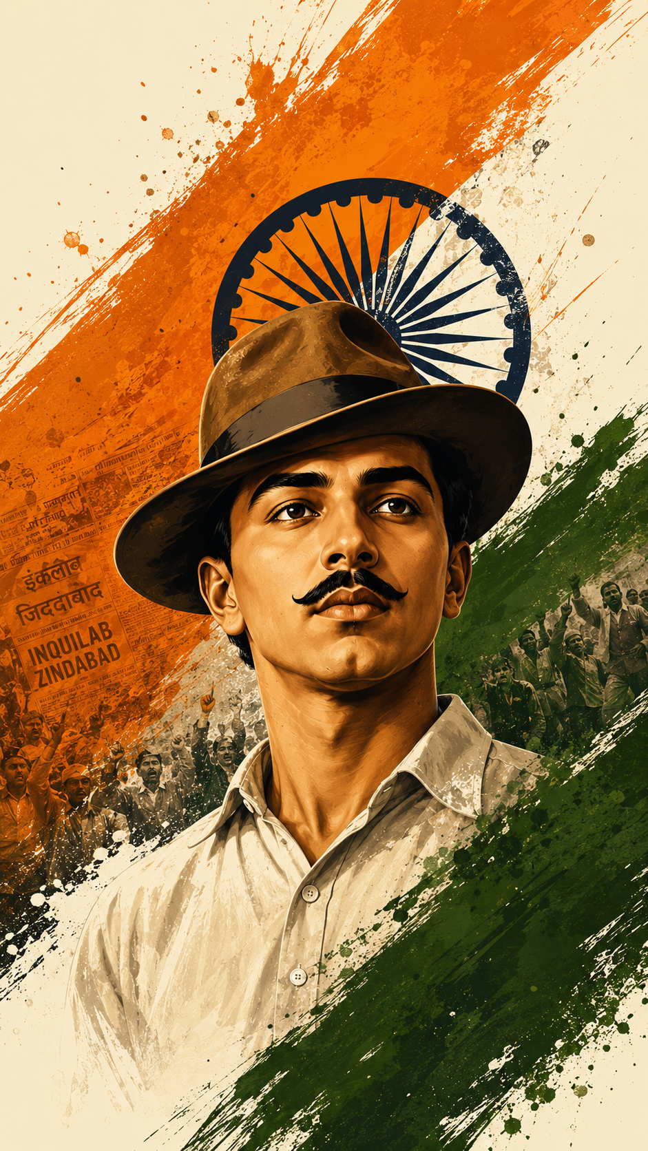 Bhagat Singh HD wallpaper with the Indian tricolor, Ashoka Chakra, and patriotic artwork in high resolution for all devices.