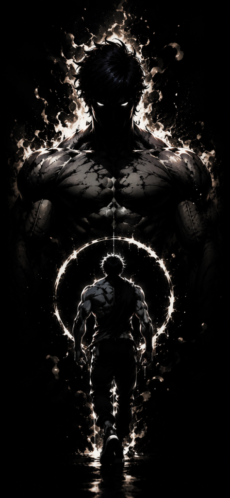Gym-motivation-wallpaper featuring a muscular warrior facing his inner beast in a dark, powerful fitness-themed artwork.