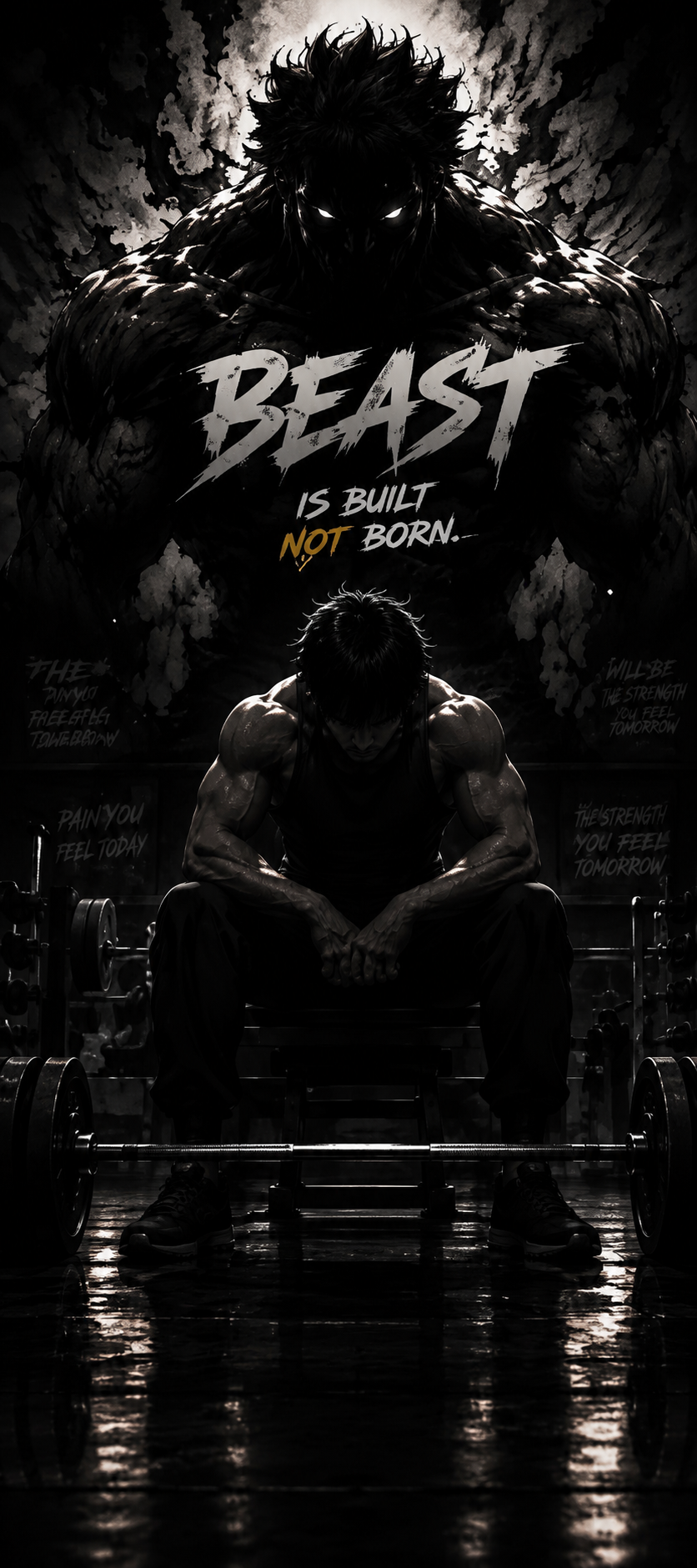 Gym motivation wallpaper featuring a muscular athlete with the quote "Beast Is Built, Not Born" in a dark gym setting.