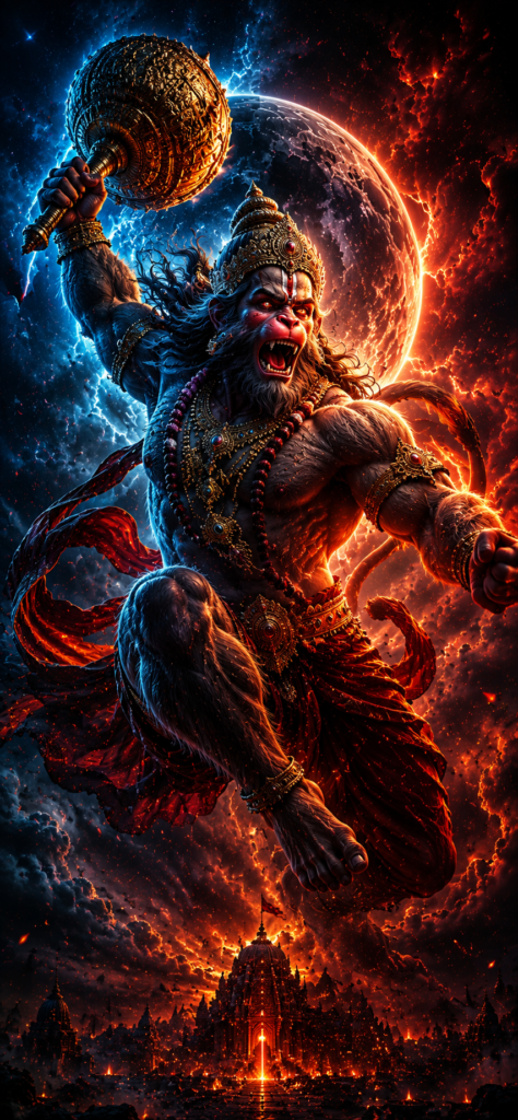 Hanuman 4K wallpaper featuring Veer Hanuman flying through the cosmos with a divine gada, blazing eclipse, and temple below.