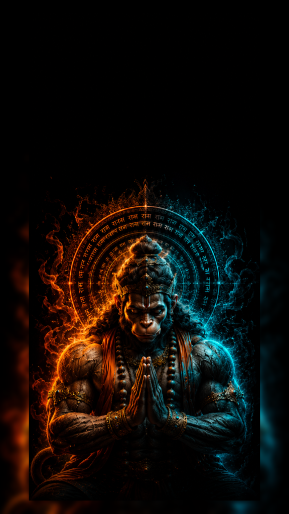 Hanuman HD wallpaper 4K featuring Lord Hanuman praying with a glowing Ram Naam halo and fiery orange and blue divine aura.