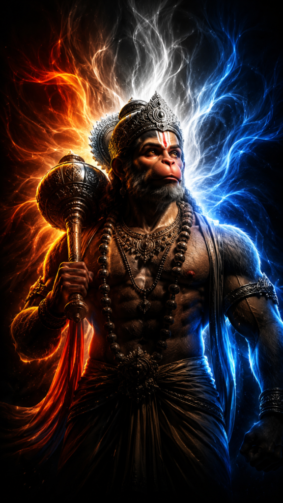Hanuman HD wallpaper 4K featuring Lord Hanuman holding a golden gada with fiery orange and icy blue divine energy background.