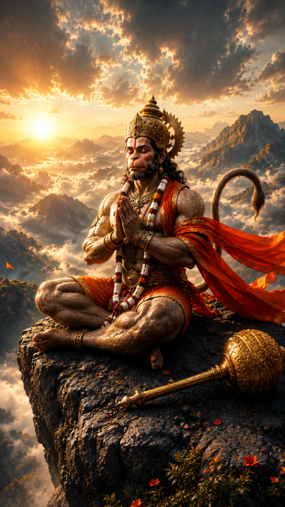 Hanuman Ji wallpaper showing Lord Hanuman meditating on a mountain peak with his golden gada beside him at sunrise.