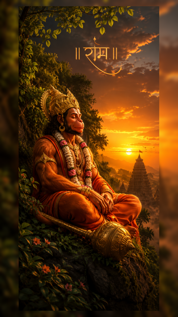 Hanuman Ji wallpaper showing Lord Hanuman meditating at sunset with a golden temple, lush greenery, and sacred gada.