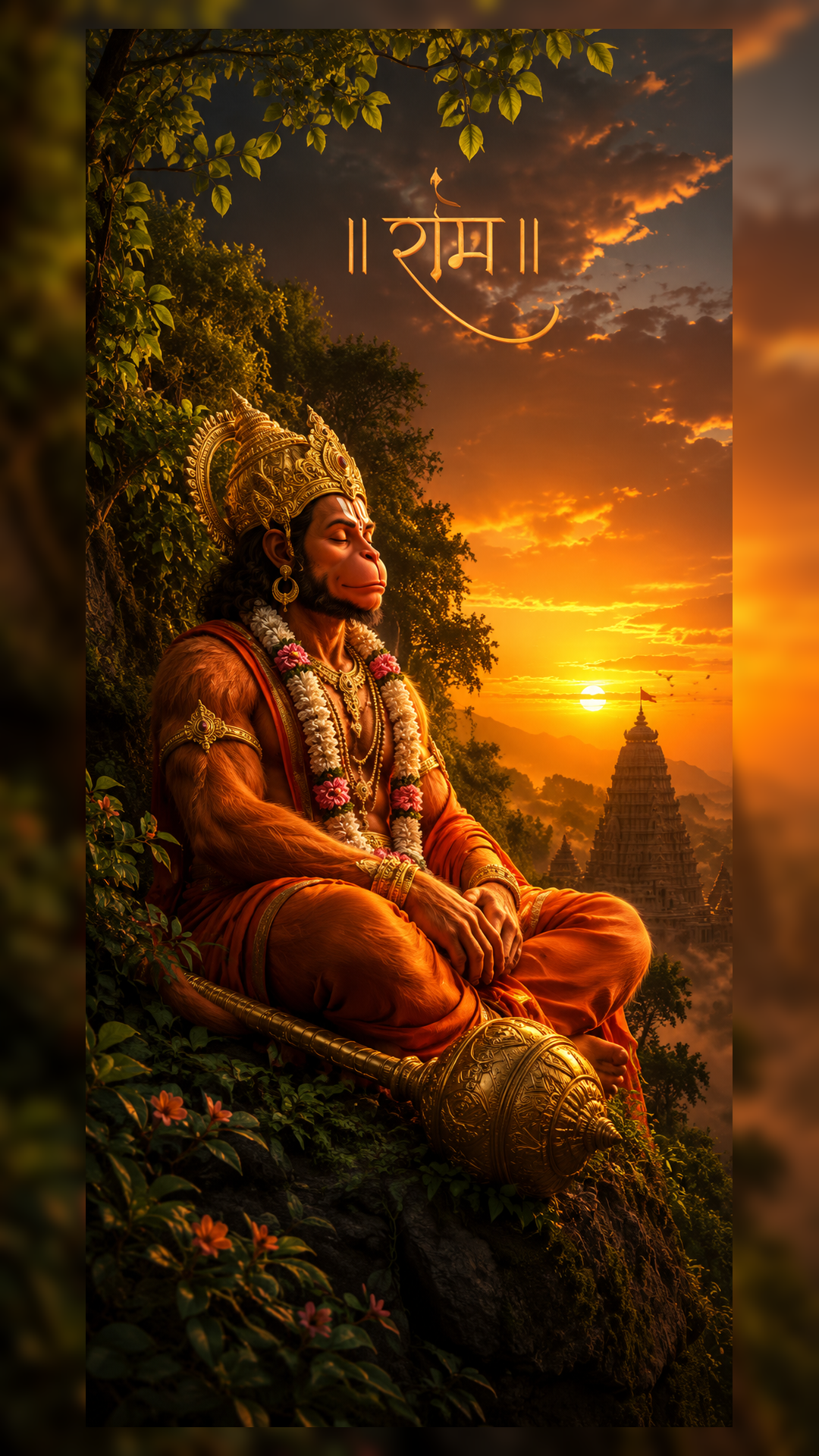 Hanuman Ji wallpaper showing Lord Hanuman meditating at sunset with a golden temple, lush greenery, and sacred gada.