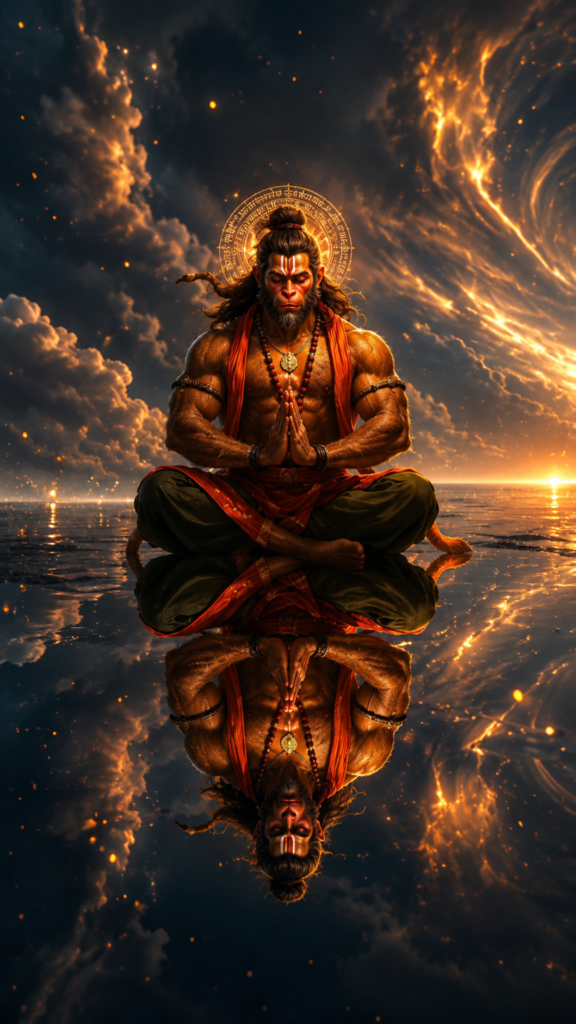 Hanuman Ji wallpaper 4K featuring Lord Hanuman meditating with a glowing halo reflected on a mirror-like water surface beneath a cosmic sky.