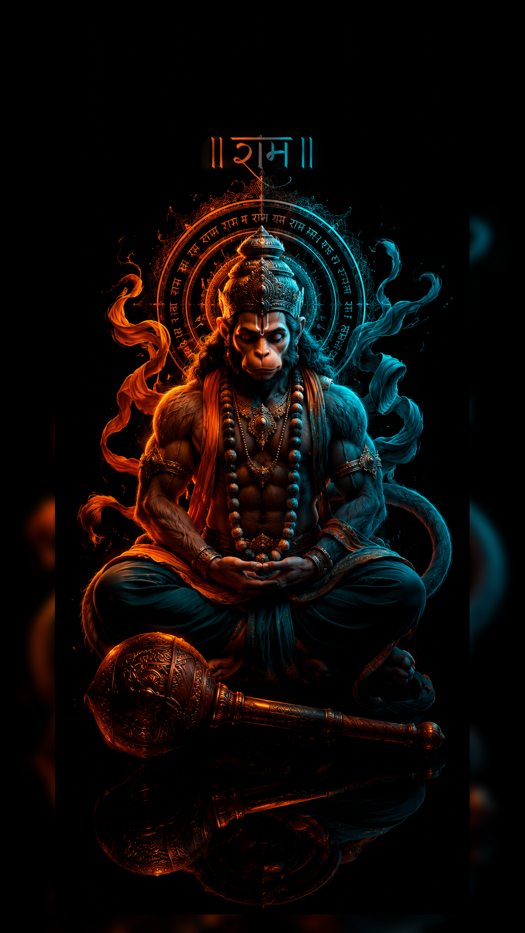 Hanuman Ji wallpaper 4K featuring Lord Hanuman meditating with a sacred gada, glowing Ram Naam halo, and orange-blue divine aura.