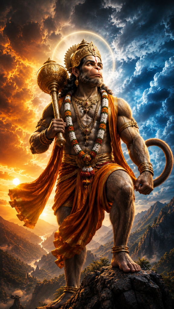 Hanuman Ji wallpaper 4K featuring Lord Hanuman holding a golden gada on a mountain beneath a radiant celestial sky.