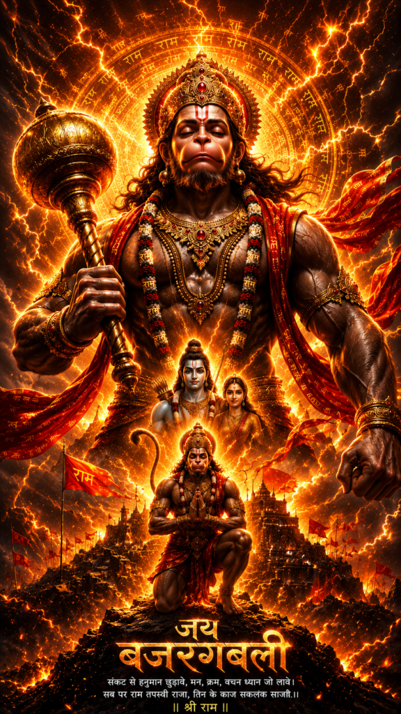 Hanuman Ji wallpaper featuring Veer Hanuman with Lord Ram and Mata Sita, divine lightning, Ram Naam, and temple background.