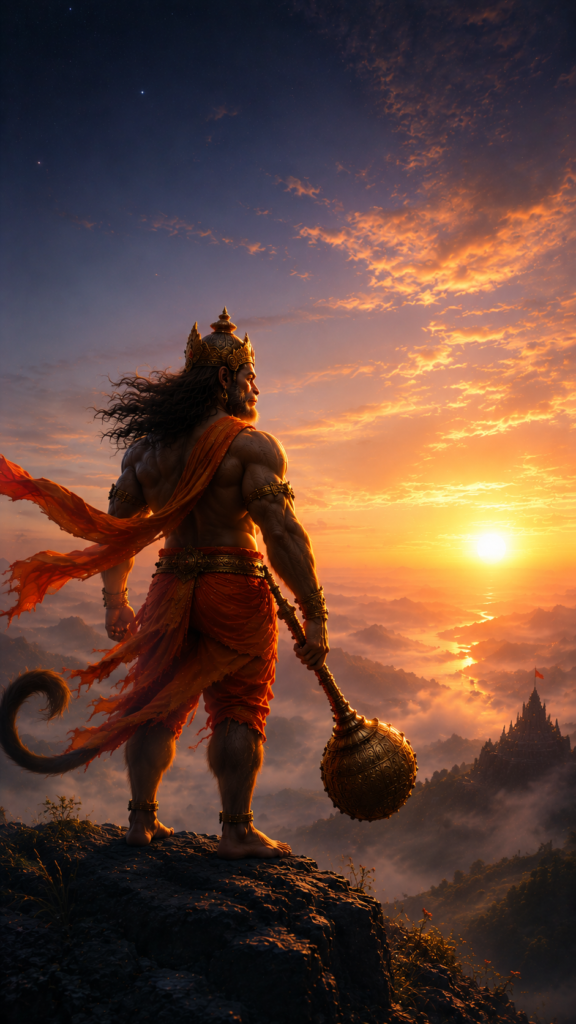 Hanuman wallpaper showing Lord Hanuman holding a gada at sunrise overlooking a majestic temple and cloud-covered mountains.