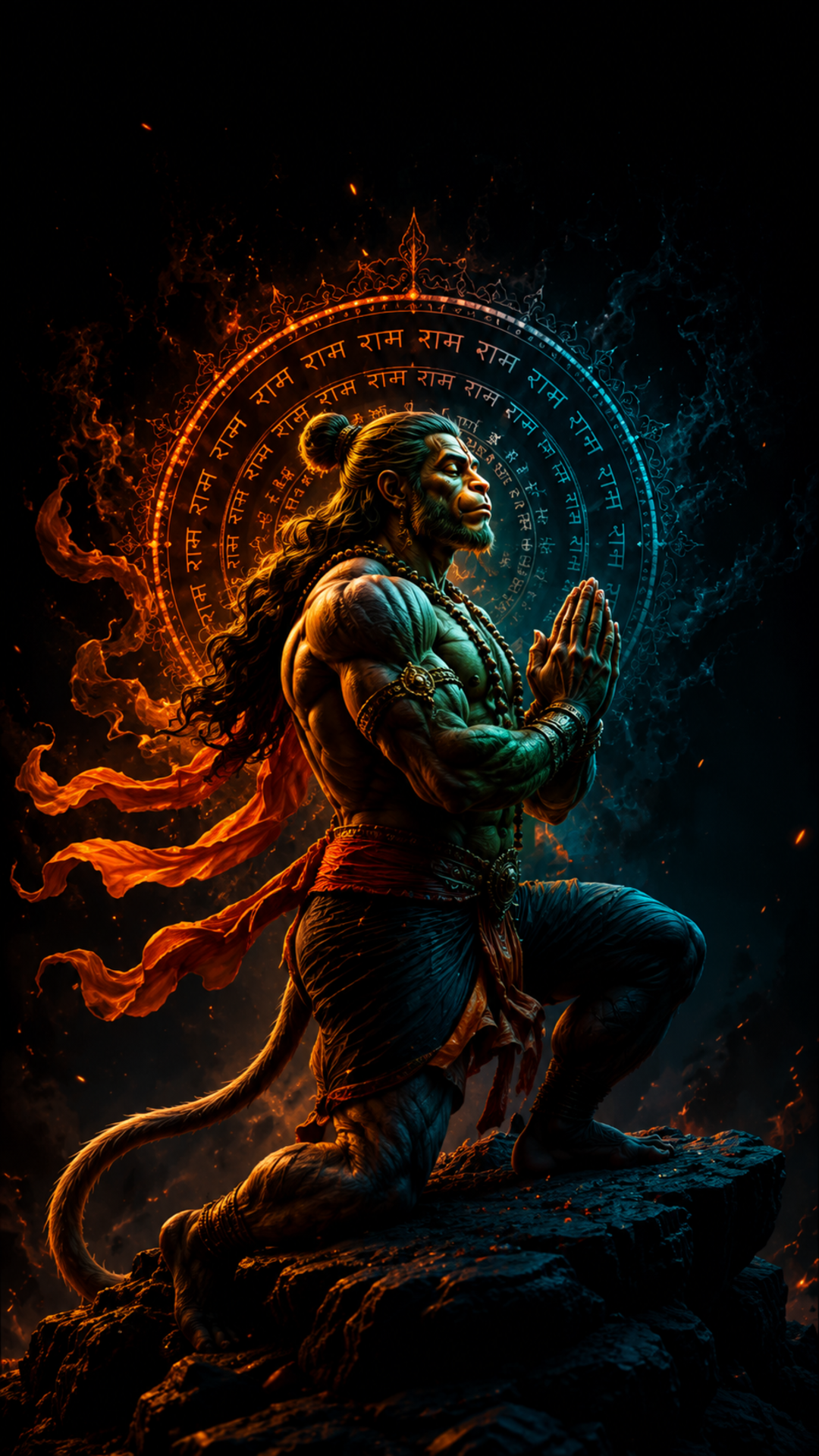 Hanuman wallpaper showing Lord Hanuman kneeling in prayer before a glowing Ram Naam mandala with fiery orange and blue divine aura.