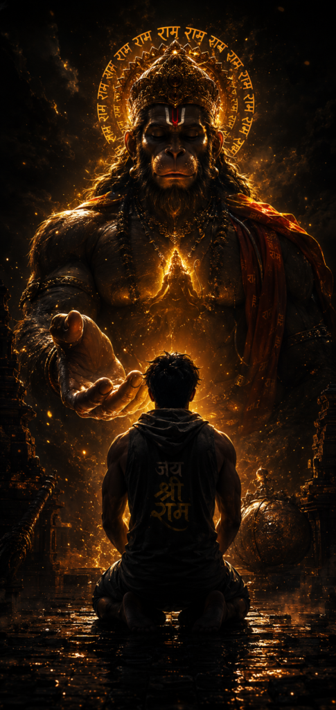 Hanuman-wallpaper featuring Lord Hanuman blessing a devotee with a glowing golden aura and divine spiritual artwork in 4K.