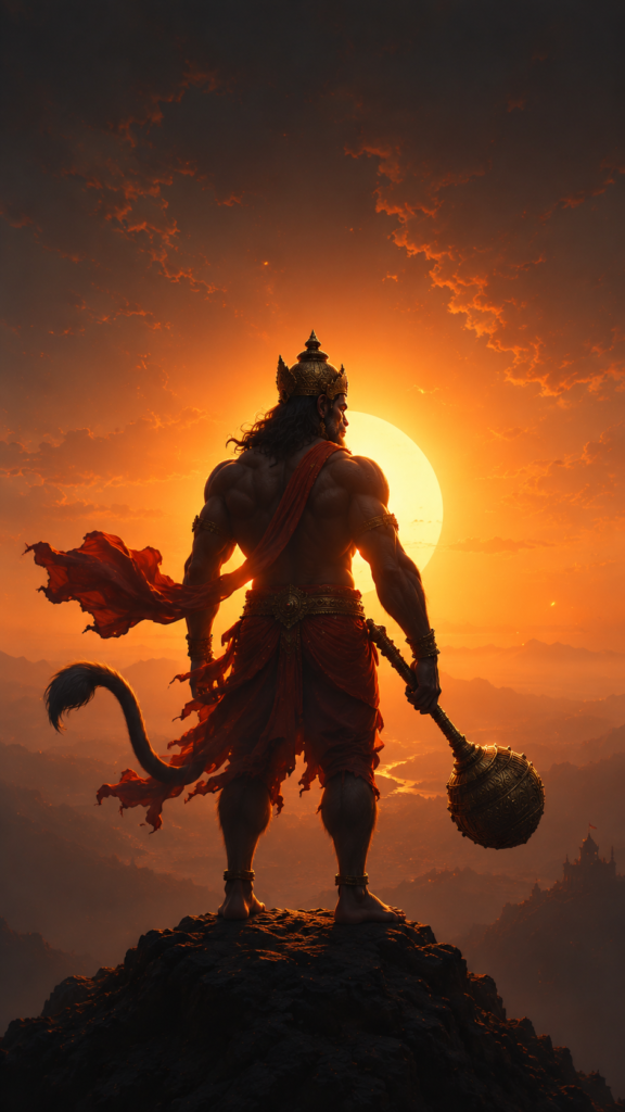 Hanuman wallpaper 4K iPhone showing Lord Hanuman standing on a mountain at sunset with a golden sky and sacred gada.