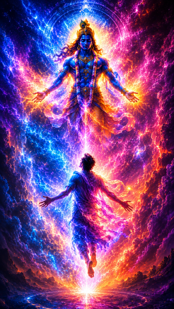 Krishna-wallpaper showing Lord Krishna's radiant cosmic form blessing a devotee amid colorful celestial lightning and divine energy.