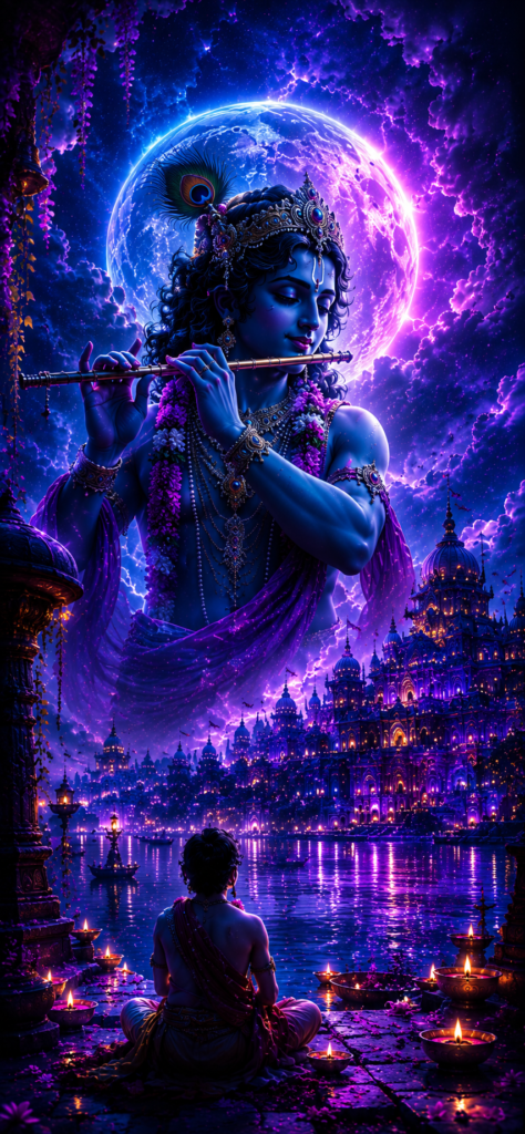 Krishna-wallpaper featuring Lord Krishna playing the flute under a glowing full moon with a riverside temple and devoted seeker.