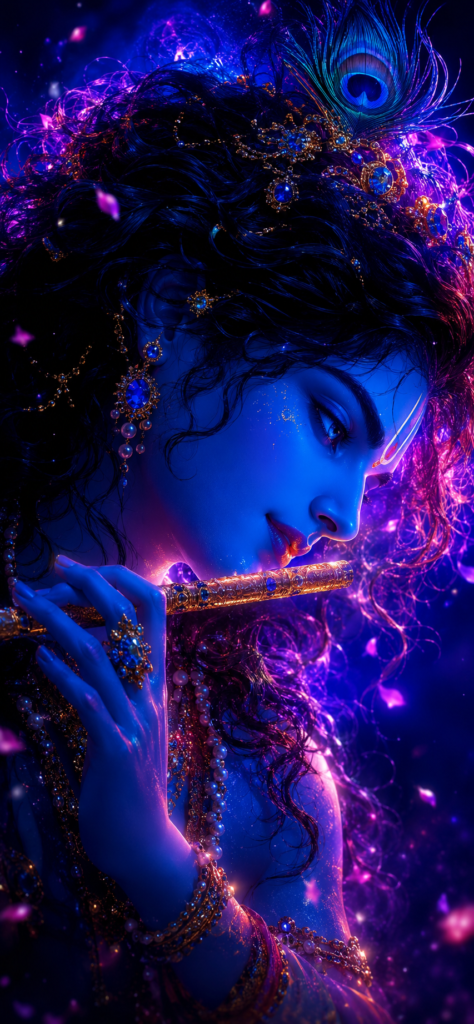 Krishna-wallpaper close-up of Lord Krishna playing the divine flute with a peacock feather, glowing jewels, and celestial light.