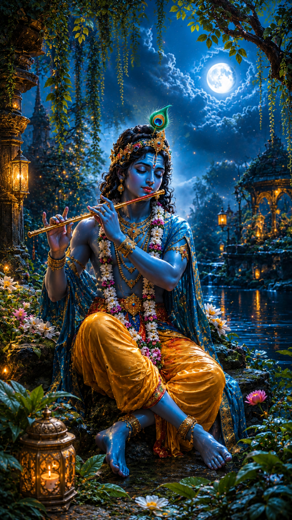 Krishna-wallpaper featuring Lord Krishna playing the flute in a moonlit garden beside a peaceful lake with glowing lanterns.