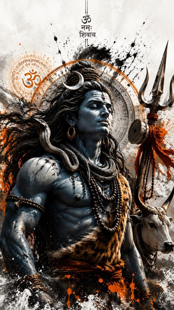 Lord Shiva with Nandi, Trishul, serpent necklace, and sacred symbols in a powerful spiritual artwork.