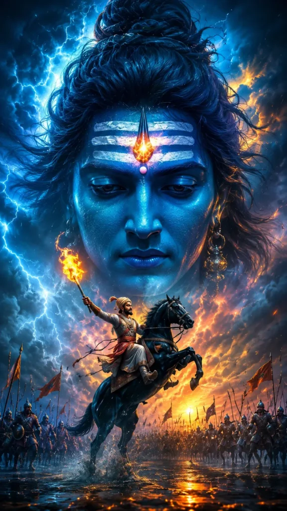 Epic Lord Shiva artwork with stormy sky, lightning, warrior on horseback, and divine celestial presence.