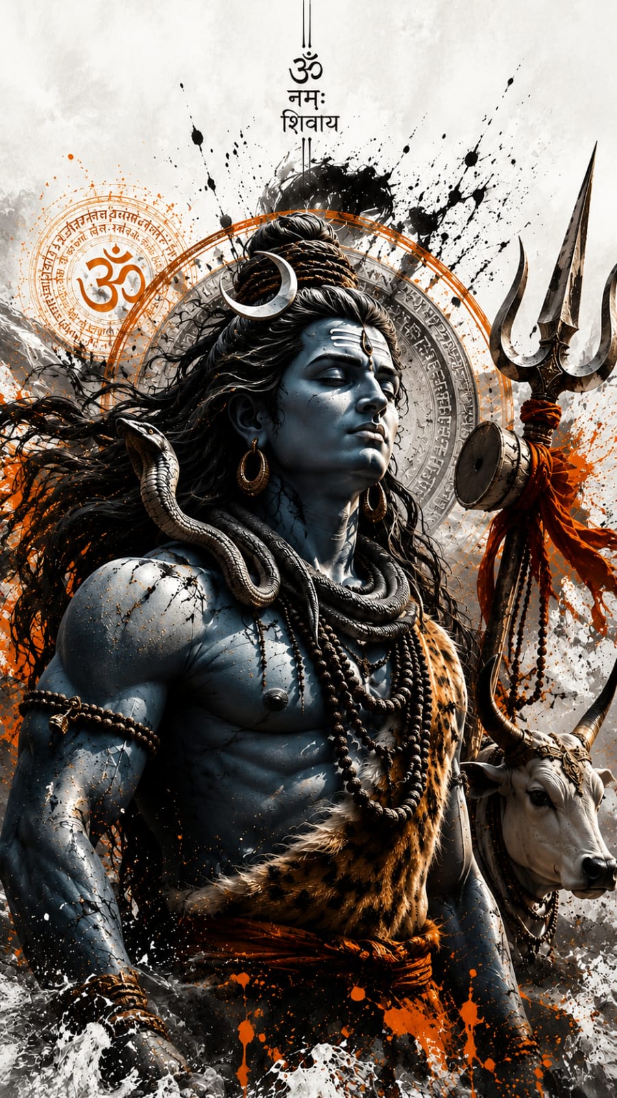 Lord Shiva with Nandi, Trishul, serpent necklace, and sacred symbols in a powerful spiritual artwork.