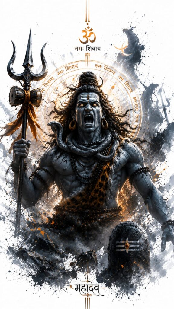 Fierce Lord Shiva Rudra form with Trishul, Shivling, serpent necklace, and divine spiritual energy artwork.