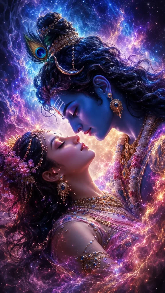 Lord Shiva and Goddess Parvati in a cosmic celestial scene with glowing energy, divine love, and spiritual harmony.