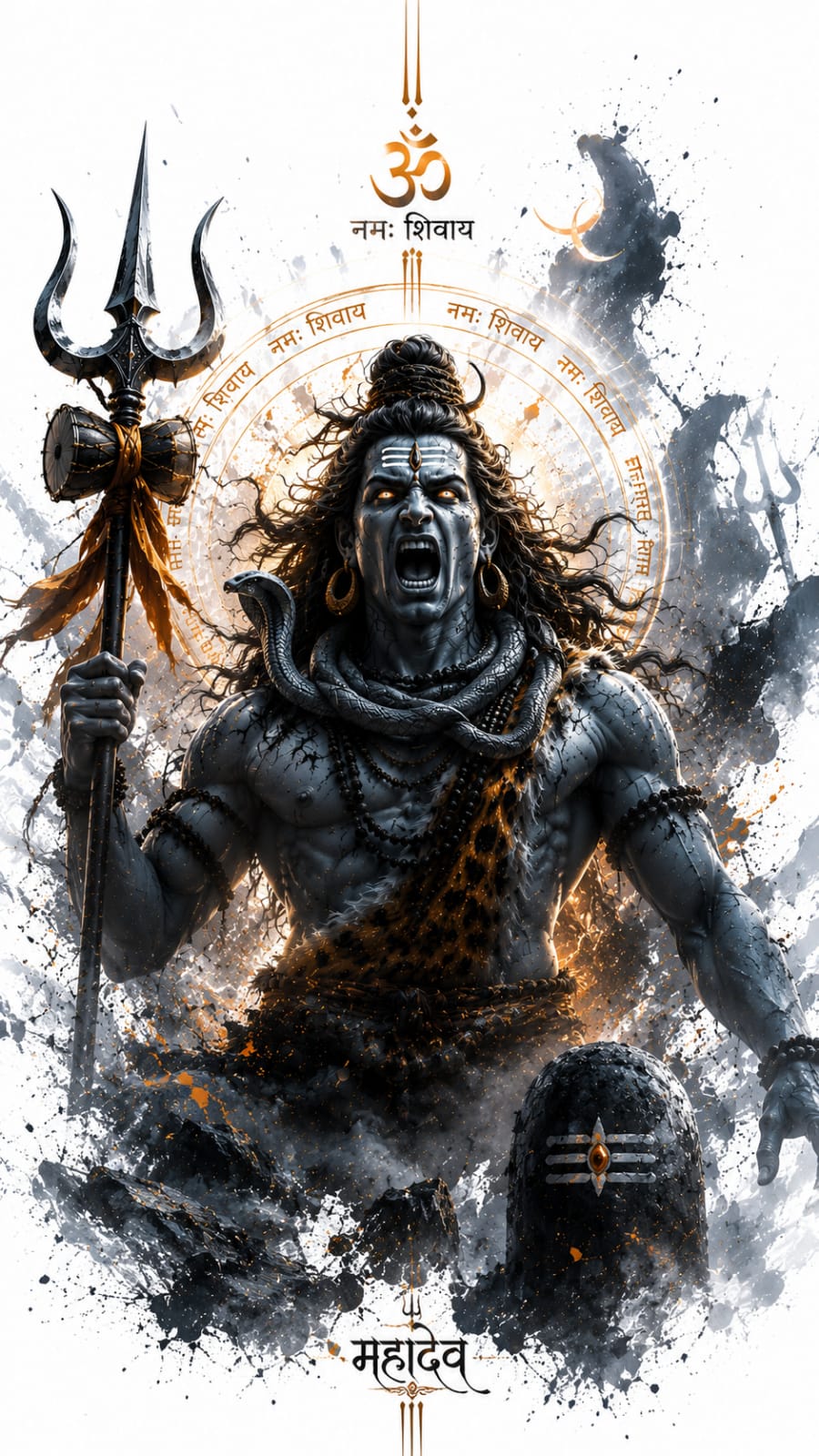 Fierce Lord Shiva Rudra form with Trishul, Shivling, serpent necklace, and divine spiritual energy artwork.