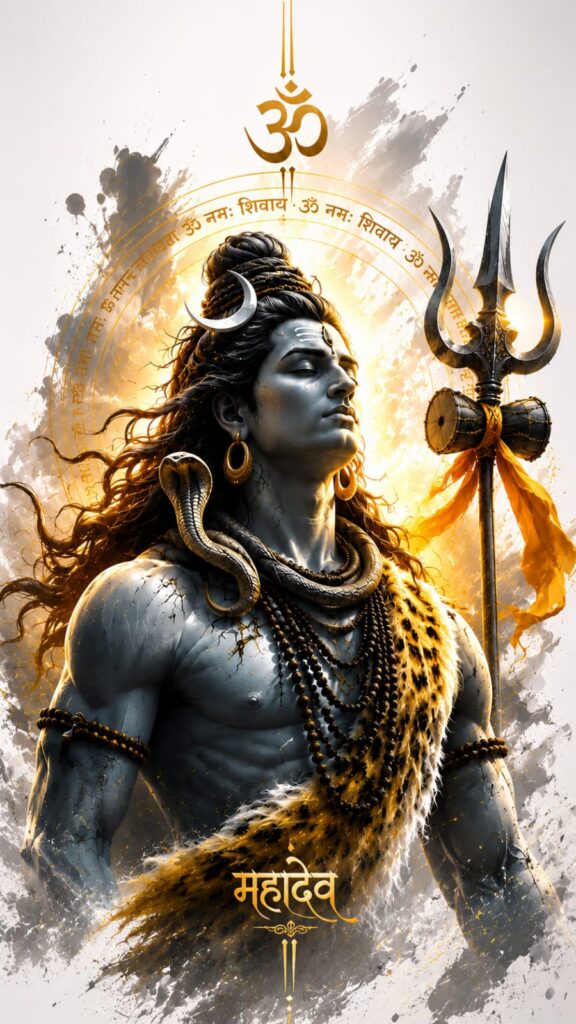Lord Shiva portrait with golden aura, Trishul, serpent necklace, and Rudraksha beads in a divine spiritual artwork.