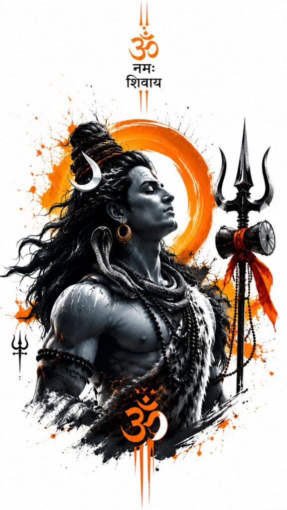 Lord Shiva minimalist artwork with Om symbol, Trishul, serpent necklace, and saffron spiritual design elements.