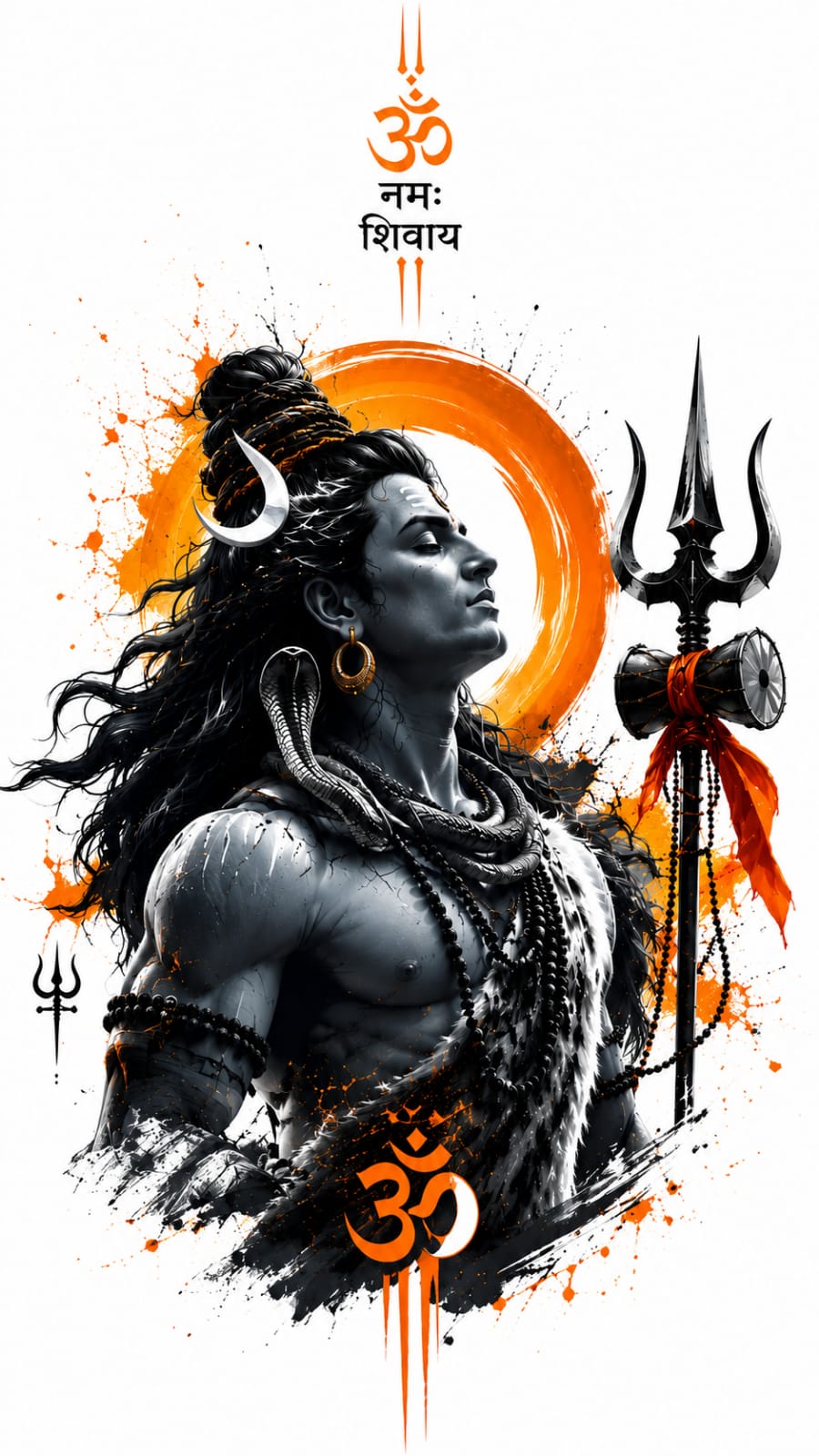 Lord Shiva minimalist artwork with Om symbol, Trishul, serpent necklace, and saffron spiritual design elements.