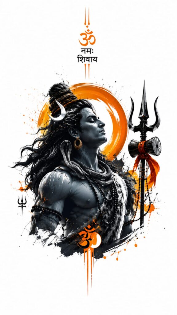 Meditative Lord Shiva artwork with Trishul, Om symbol, crescent moon, and saffron spiritual elements on a white background.