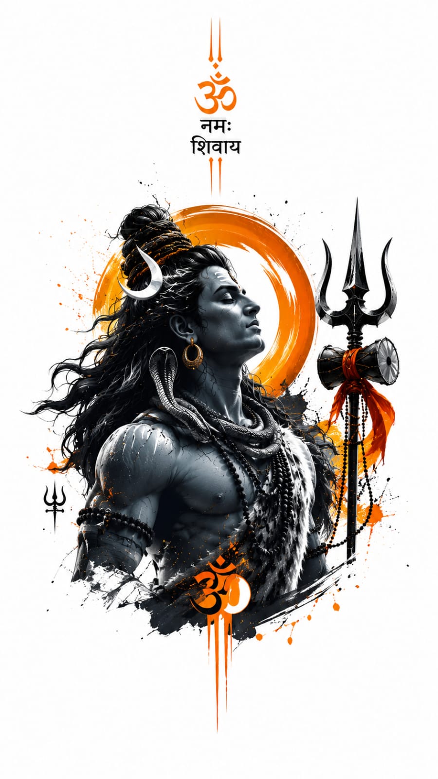 Meditative Lord Shiva artwork with Trishul, Om symbol, crescent moon, and saffron spiritual elements on a white background.