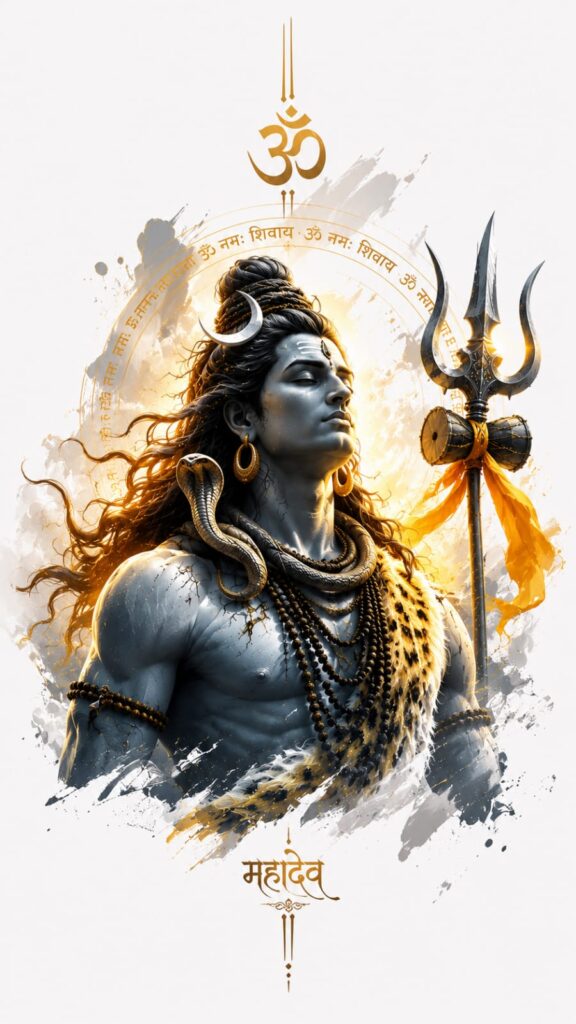 Minimalist Lord Shiva artwork with Trishul, serpent, divine aura, and golden spiritual elements on a white background.