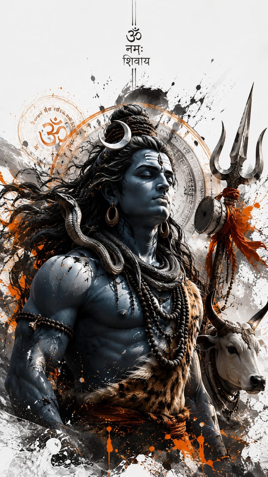 Lord Shiva with Nandi, Trishul, serpent necklace, and sacred symbols in a detailed spiritual artwork.